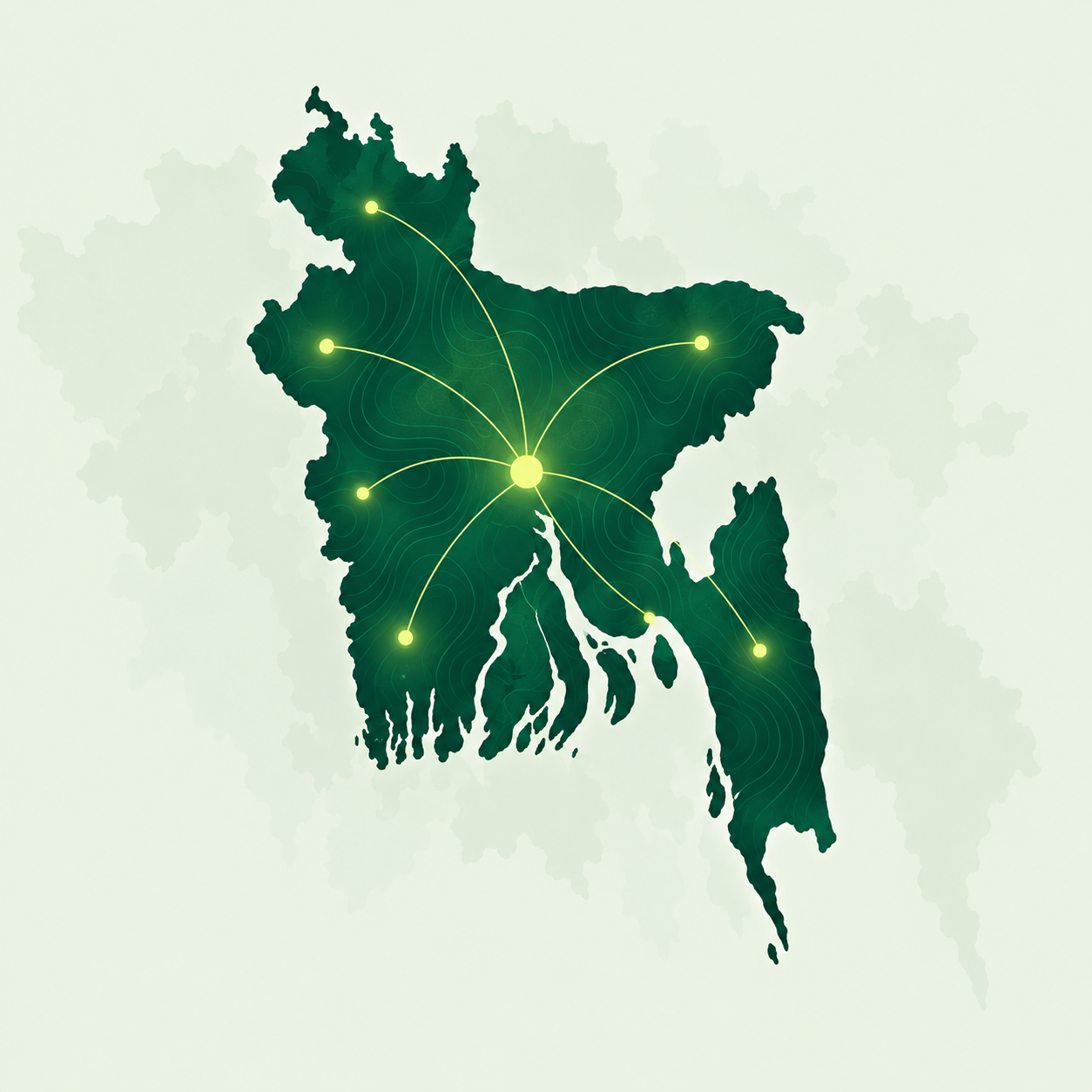 Illustrative map of Bangladesh with connection lines between cities